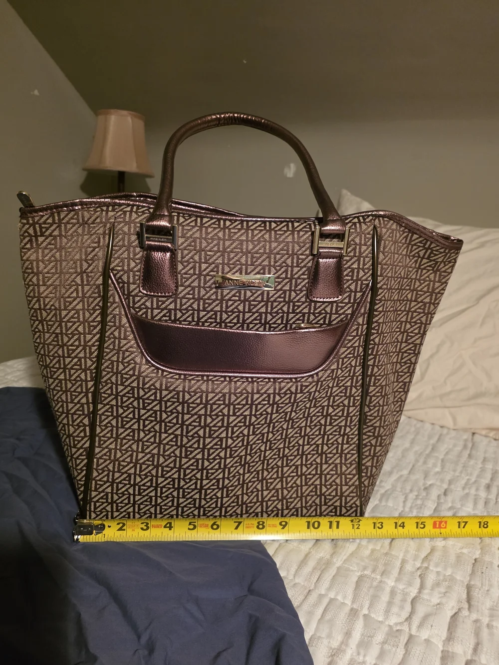 Anne Klein Brown Patterned Laptop Tote with Metallic Trim